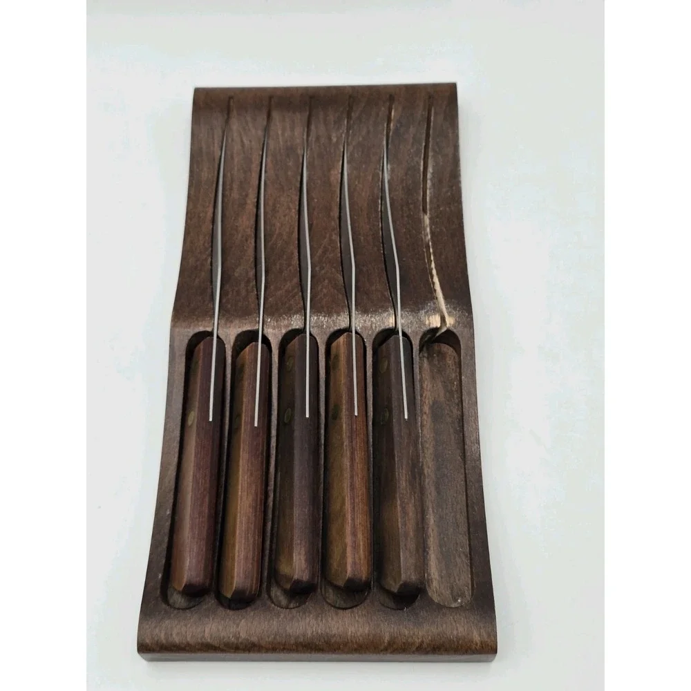 VTG Robinson Serrated Steak Knives Stainless Steel USA Wood Handles Set 5 Holder
